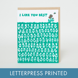 Like You Best Meadow Letterpress Greeting Card by Egg Press: Plastic sleeve
