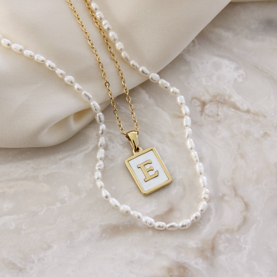 Mother of Pearl Initial Gold Necklace: R
