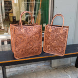 Medium Tooled Leather Tote (Cognac)
