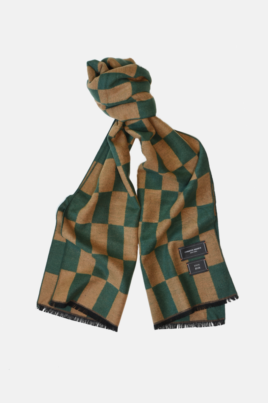 Camel and Green Check Silk Scarf