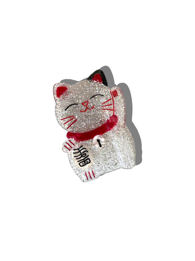 Hand-painted Lucky Cat Claw Hair Clip | Eco-Friendly: Silver