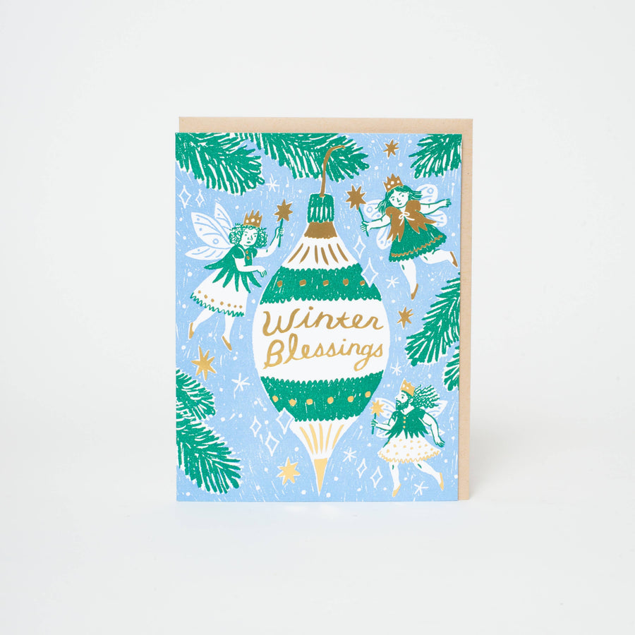 Winter Blessings Fairies Letterpress Greeting Card by Phoebe Wahl: Paper tab