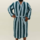 Simple Striped Terry Bathrobe- Sky/Peacock: Small