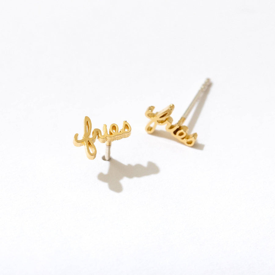 Fries 14k Gold Plated Word Stud Earrings - Pair