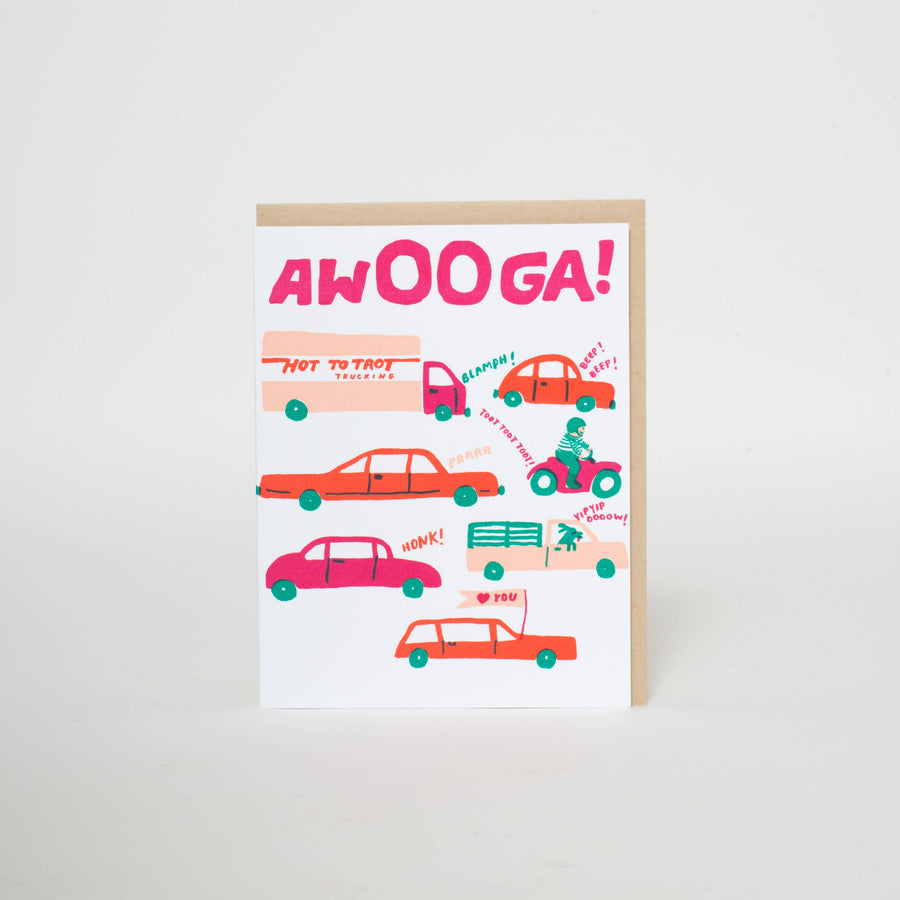 Awooga Cars Love Letterpress Greeting Card by Egg Press: Plastic sleeve