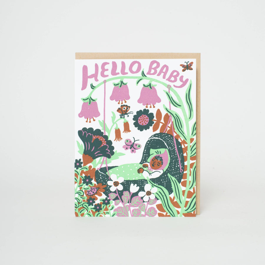 Hello Baby Bassinet (Purple) Letterpress Greeting Card by Phoebe Wahl: Paper tab