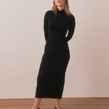 Lexi Ribbed Ruched Turtleneck Dress (Black)