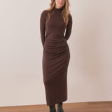 Lexi Ribbed Ruched Turtleneck Dress (Cocoa)