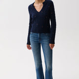 Shana Long Sleeve Cable Embroidered Sweater (Soft Night)