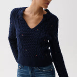 Shana Long Sleeve Cable Embroidered Sweater (Soft Night)