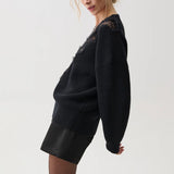 Chiarra V-Neck Lace Sweater (Black)