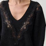 Chiarra V-Neck Lace Sweater (Black)