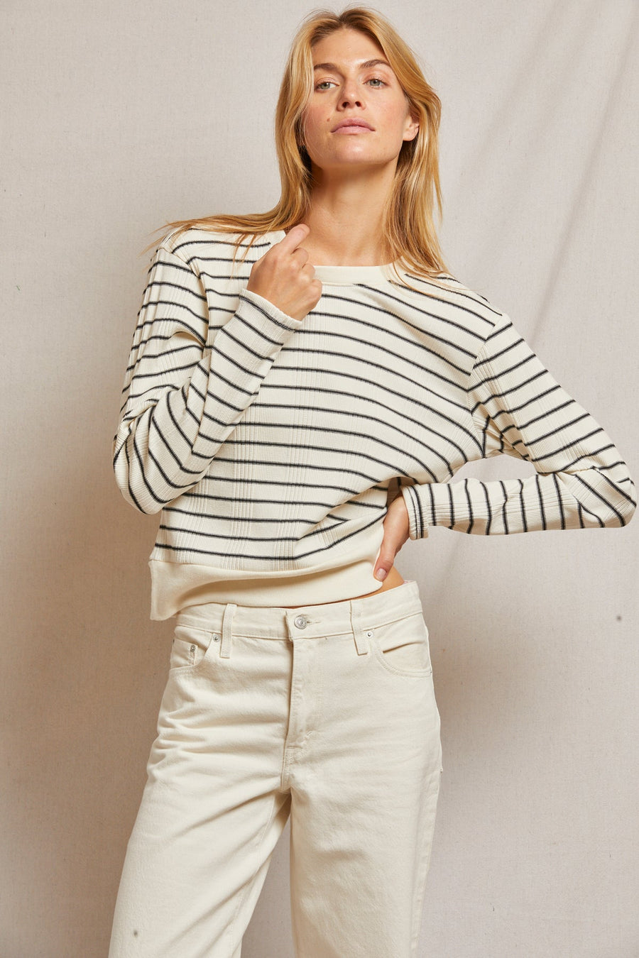 Stef Rib Striped Long Sleeve (Sugar/Black Stripe)