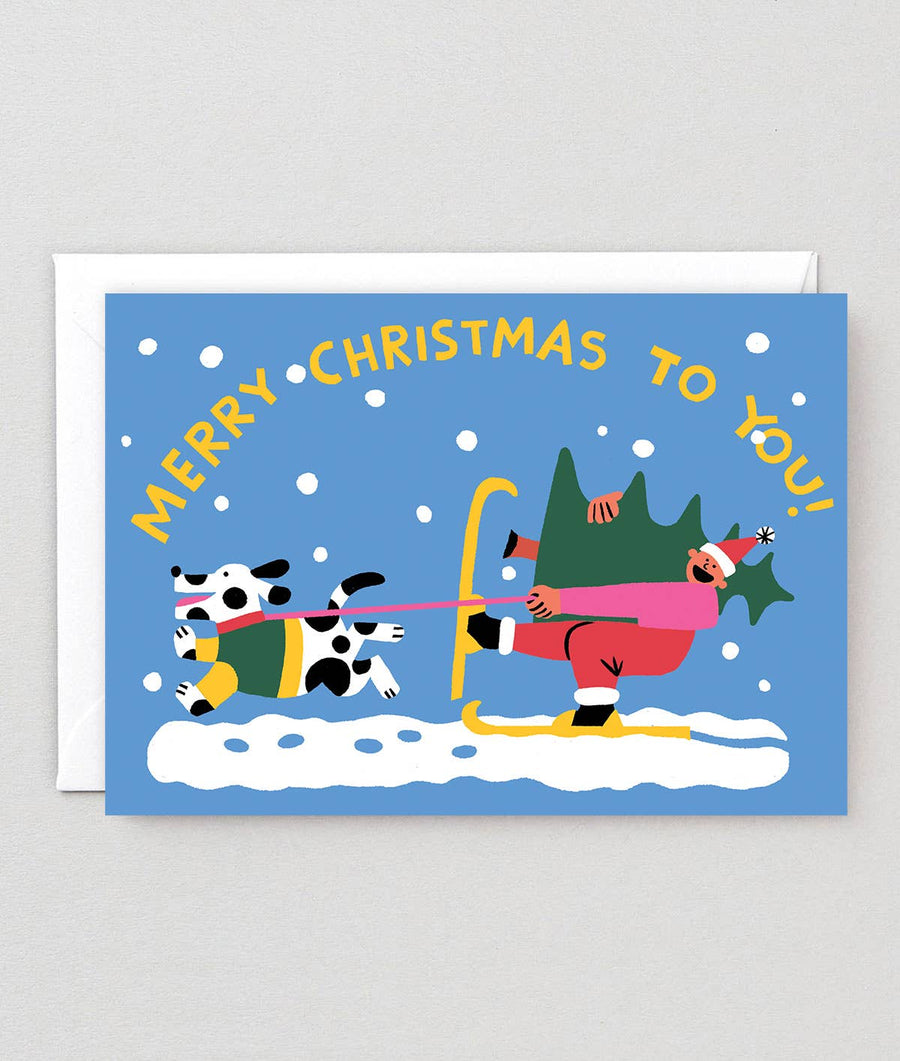 'Merry Christmas Skiing' Embossed Holiday Greeting Card