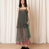 Layered Square Neck Full Dress (Green/Pink Check)
