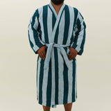 Simple Striped Terry Bathrobe- Sky/Peacock: Large