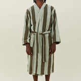 Simple Striped Terry Bathrobe- Olive/Sage: Small