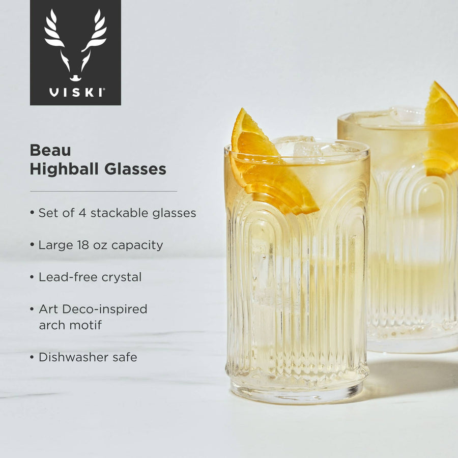 Deco Beau Crystal Highball Glasses - Set of 4