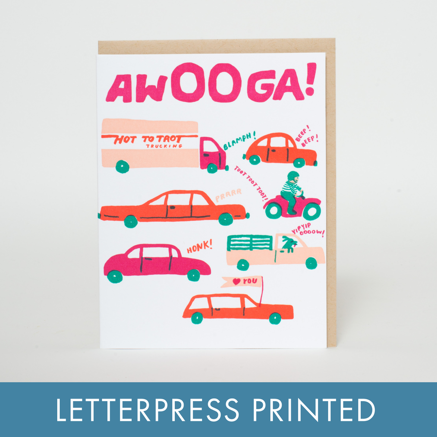 Awooga Cars Love Letterpress Greeting Card by Egg Press: Plastic sleeve