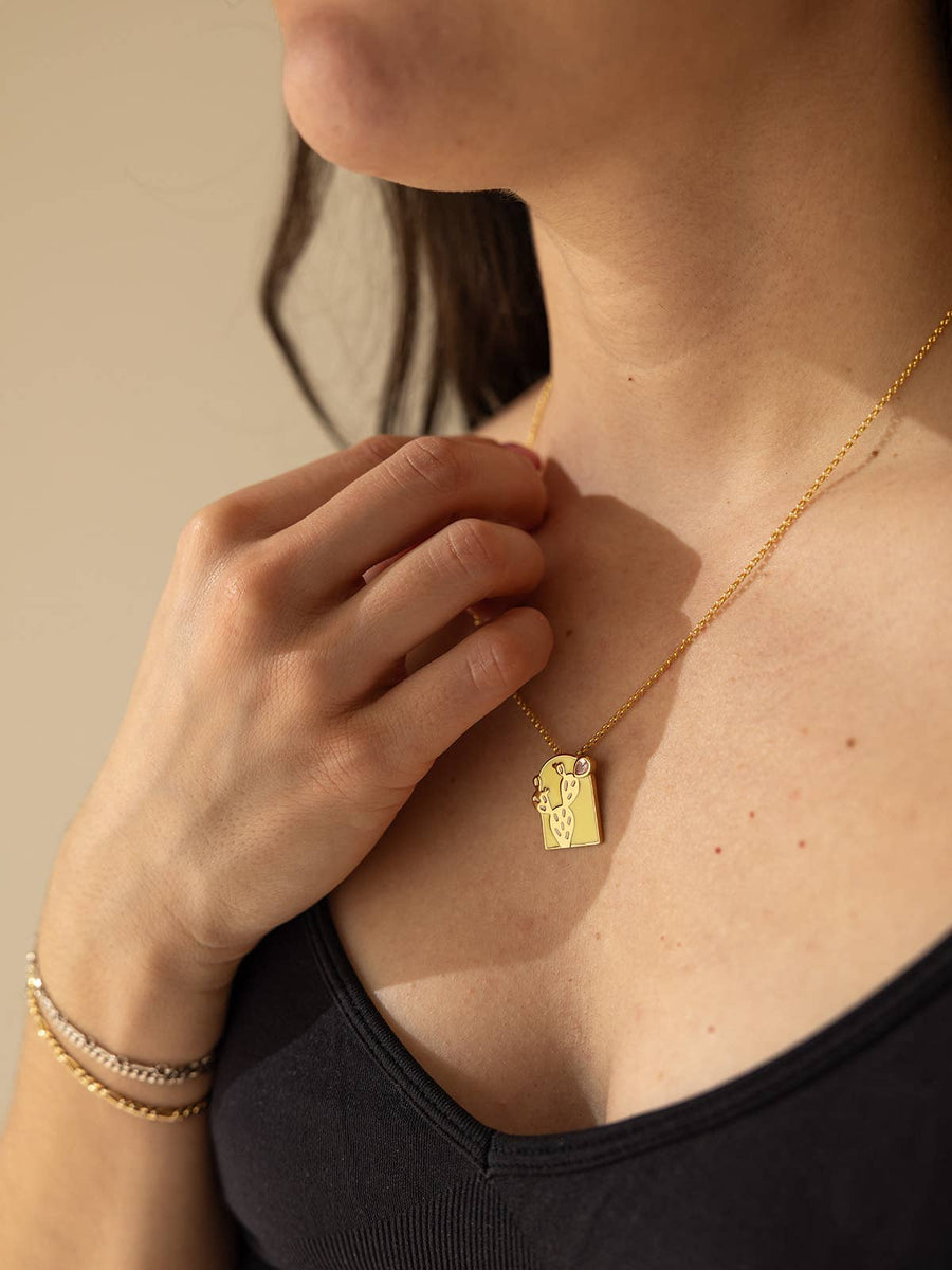 Prickly Pear Cactus Pendant Necklace in Gold: Gold Plated