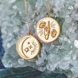 Double Sided Coin Moon and Floral Hand Necklace