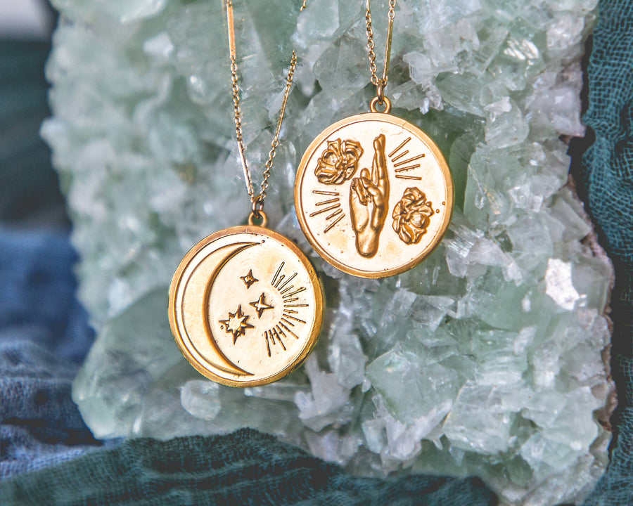 Double Sided Coin Moon and Floral Hand Necklace