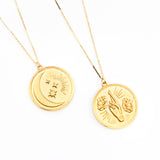 Double Sided Coin Moon and Floral Hand Necklace