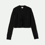 Cropped Pointelle Tie Cardigan (Black)