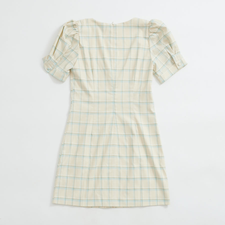 Winona Plaid Puff Sleeve Mini Dress (Ivory)