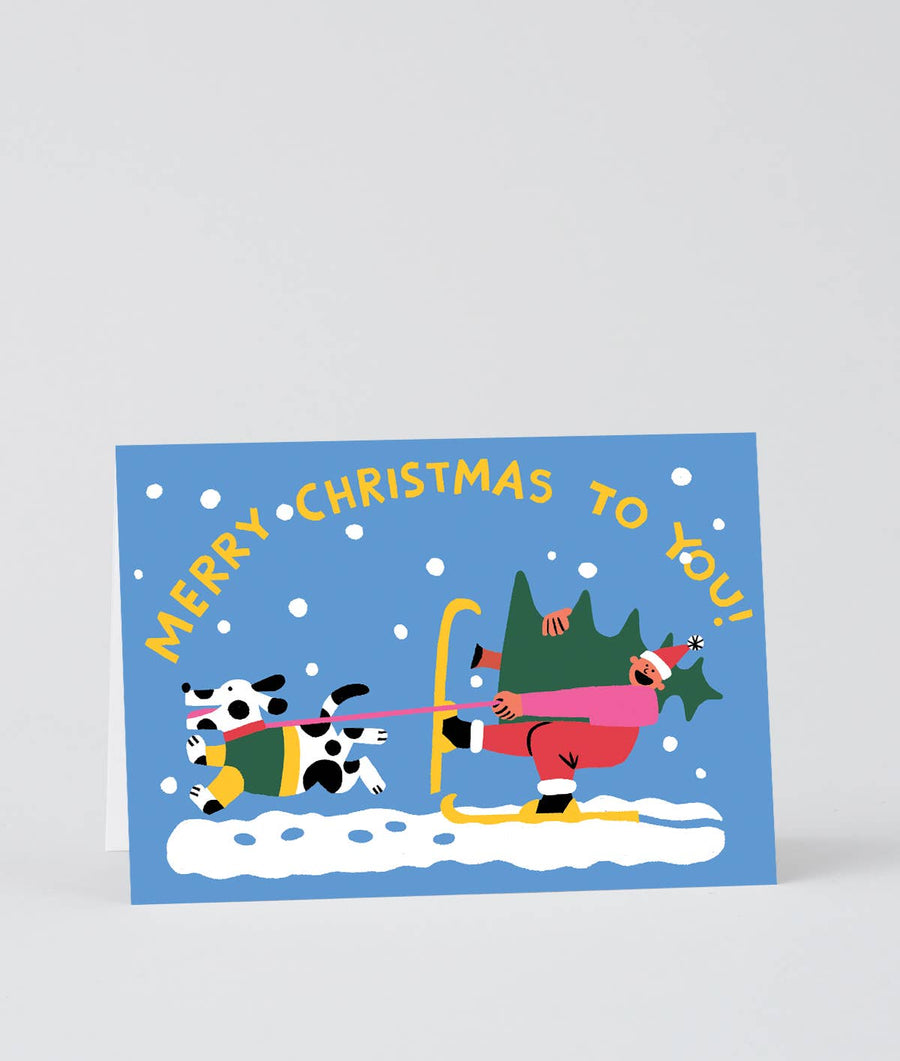 'Merry Christmas Skiing' Embossed Holiday Greeting Card